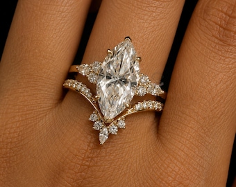 3CT Marquise Cut Moissanite Engagement Ring Set, 14k Solid Yellow Gold Wedding Ring Set, Unique Matching Bridal Ring Set, Anniversary Ring