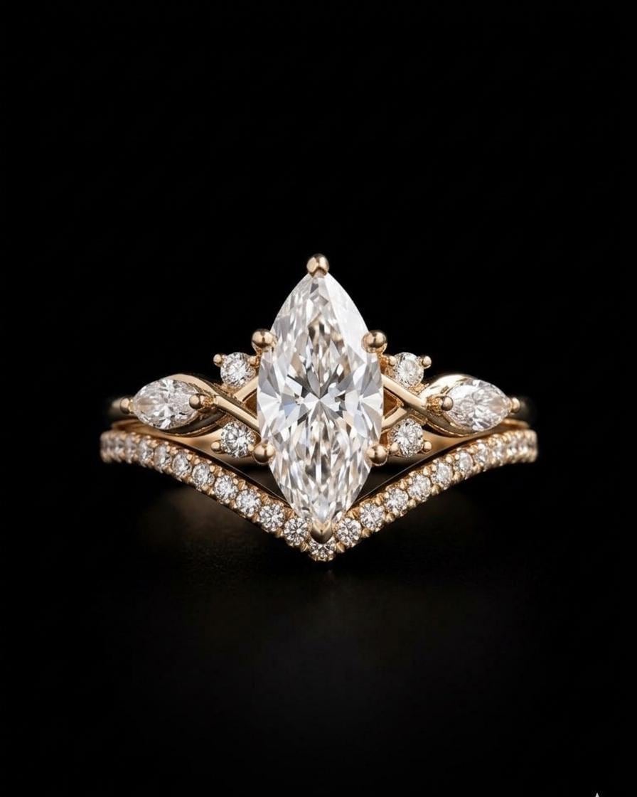 2CT Marquise Cut Moissanite Engagement Ring Set in 10k Yellow Gold, Bridal Diamond Matching Ring, Unique Promise Ring, Wedding Ring Set