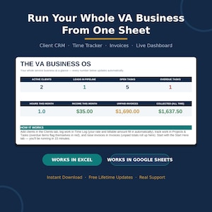 May include: A digital dashboard titled The VA Business OS on a dark blue background. It displays metrics for active clients, leads, tasks, hours, income, and invoices. Text includes Run Your Whole VA Business From One Sheet, Works In Excel, and Works In Google Sheets.