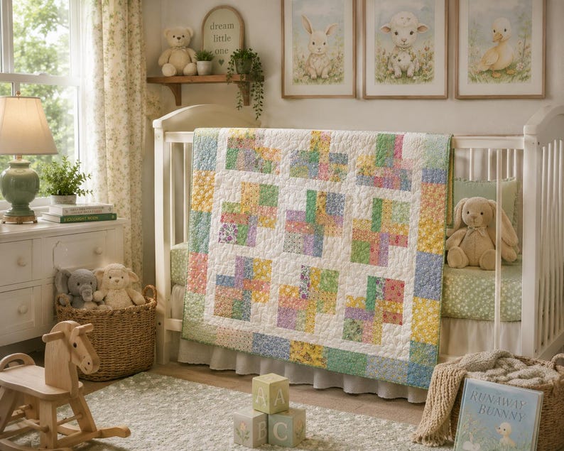 Puede incluir: Una colcha de patchwork para beb&eacute; con un patr&oacute;n de bloques repetitivos en suaves estampados florales pastel en tonos rosa, amarillo, verde y azul, bordeada por un marco de tela blanca, sobre una cuna de madera blanca en una habitaci&oacute;n infantil.