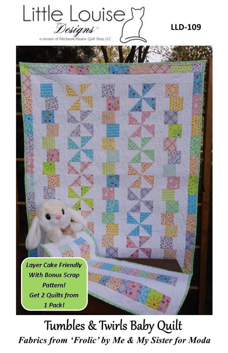May include: A baby quilt pattern called "Tumbles & Twirls Baby Quilt" featuring a white background with colorful squares and a whimsical design. The quilt is made with fabrics from "Frolic" by Me & My Sister for Moda. The pattern is layer cake friendly and includes a bonus scrap pattern. You can make two quilts from one pack.