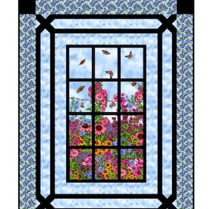 Puede incluir: Un diseño de patrón de colcha que presenta una ventana con vista a un jardín con flores y mariposas. El patrón se llama "Prairie Gate Window" y es de Little Louise Designs.