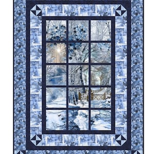 May include: A quilt pattern featuring a winter scene with a snowy forest and a gate. The pattern is called "Alpine Retreat" and is from the "Scenic Snow Fall" collection by Timeless Treasures.