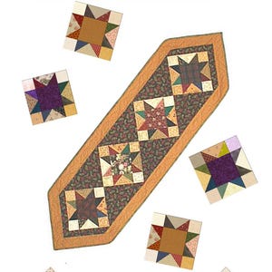 Puede incluir: Un patrón de acolchado para un camino de mesa de estrella de retazos. El patrón incluye instrucciones para hacer un camino de mesa con un diseño de estrella de retazos. El patrón se llama "Scrappy Star Table Runner" y es de Little Louise Designs.