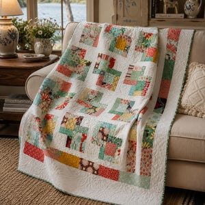 Puede incluir: Una colcha de patchwork con un patr&oacute;n repetitivo de bloques de cuadrados de tela blanca intercalados con cuadrados de estampados florales y geom&eacute;tricos multicolores en tonos rojo, verde, amarillo y turquesa, con una textura acolchada de remolinos.