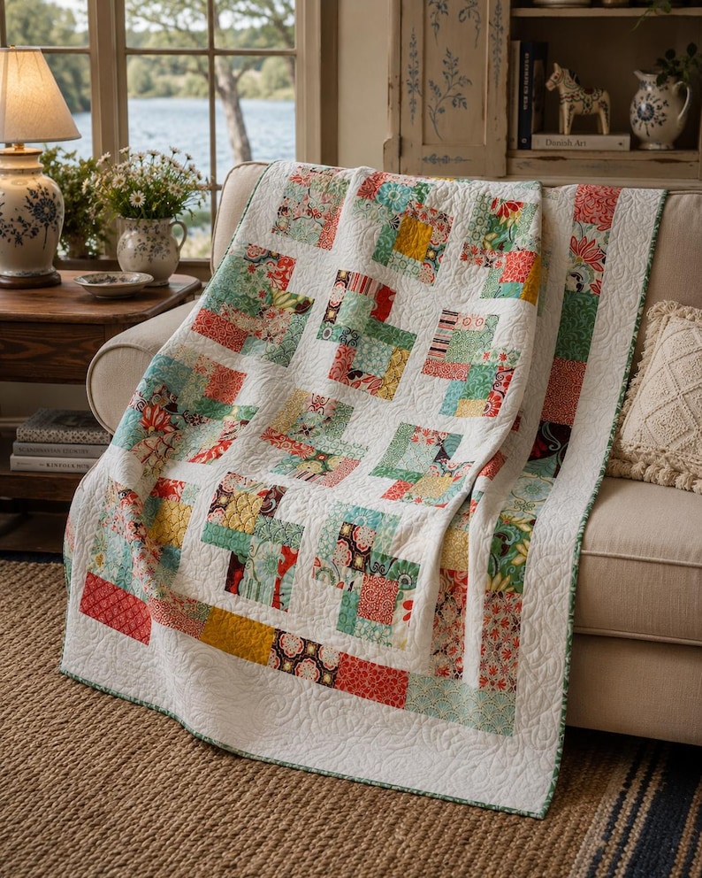Puede incluir: Una colcha de patchwork con un patr&oacute;n repetitivo de bloques de cuadrados de tela blanca intercalados con cuadrados de estampados florales y geom&eacute;tricos multicolores en tonos rojo, verde, amarillo y turquesa, con una textura acolchada de remolinos.