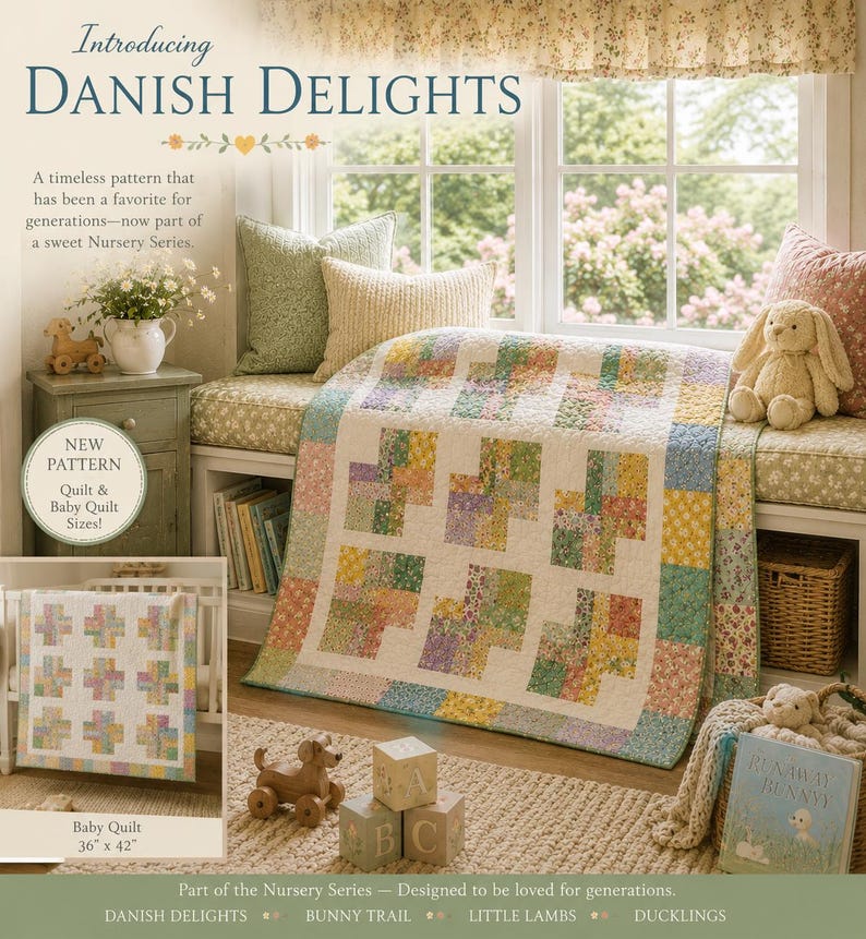 Puede incluir: Una colcha con un patr&oacute;n de retazos de cuadrados florales en colores pastel sobre un fondo blanco. El texto dice Introducing DANISH DELIGHTS, NEW PATTERN Quilt & Baby Quilt Sizes!, Baby Quilt 91 cm x 107 cm, y Part of the Nursery Series.
