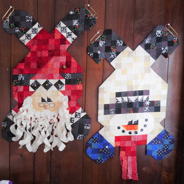 Santa & Snowman Quilted Ice Skating  Topsy  Turvy Wall Hanging Pair