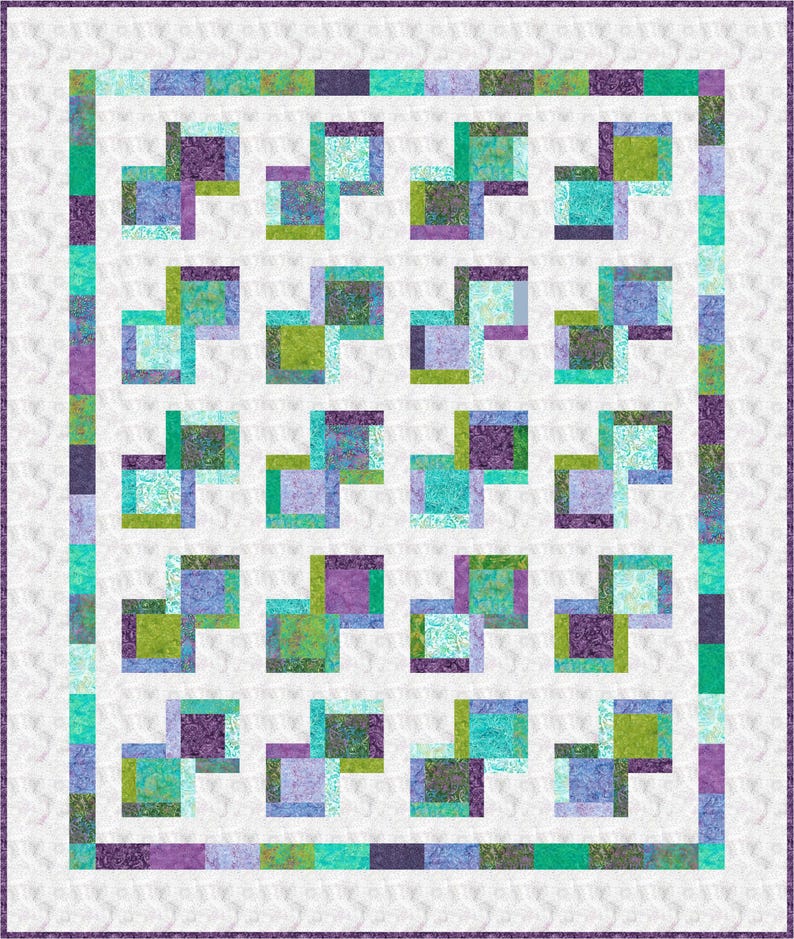 Puede incluir: Una colcha rectangular con un patr&oacute;n repetitivo de peque&ntilde;os cuadrados multicolores en tonos violeta, verde azulado, verde lima y azul. Los bloques centrales est&aacute;n dispuestos en una cuadr&iacute;cula sobre un fondo blanco, enmarcados por un borde.