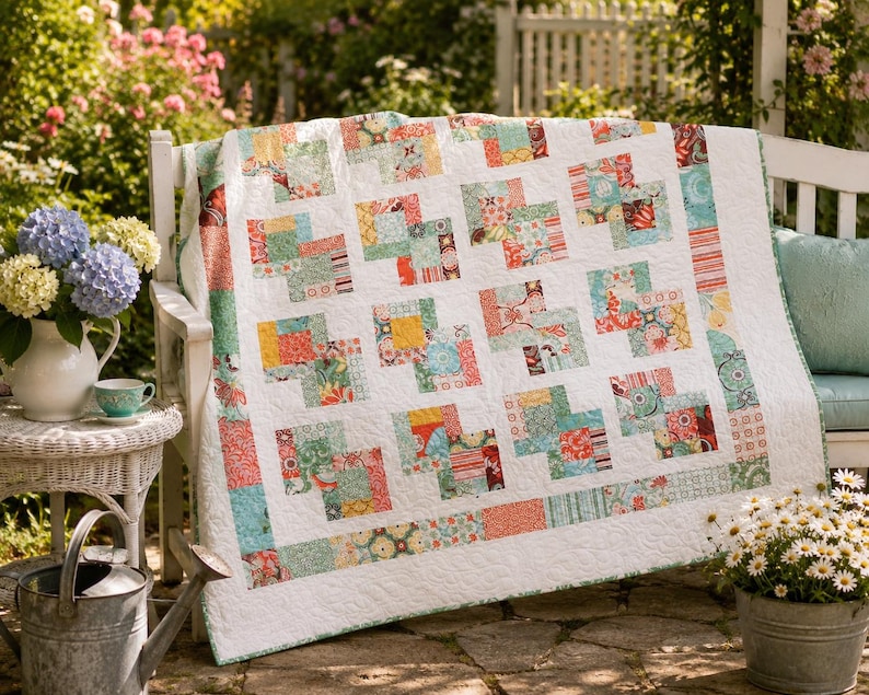 Puede incluir: Una colcha rectangular con fondo blanco y un patr&oacute;n repetitivo de cuadrados de tela multicolores en tonos coral, turquesa, amarillo y verde. La colcha presenta un borde decorativo y costuras visibles en toda la superficie de la tela.