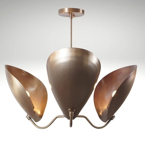 May include: A bronze chandelier with a central, teardrop-shaped light and three curved, leaf-like shades. The fixture is suspended from a round ceiling mount. The shades have exposed light bulbs, creating a warm glow.