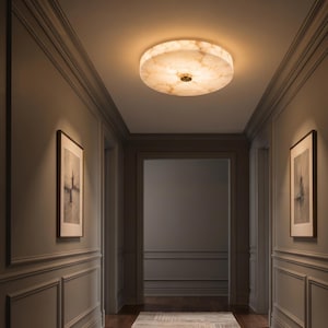 Modern Alabaster Flush Mount Ceiling Light | Round Brass Ceiling Fixture | Luxury Stone Ceiling Lamp | 12" 16" 20" Lighting