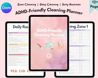 May include: An ADHD-Friendly Cleaning Planner displayed on three tablets. The central tablet features the title and illustrations, while the side tablets show daily and zone cleaning routines. The planner includes over 12 pages.