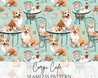 Motivo senza cuciture con cani Corgi, carta digitale Corgi Cafe, motivo per animali domestici, design di cuccioli giocosi per tessuti per bambini e lavori creativi, uso commerciale