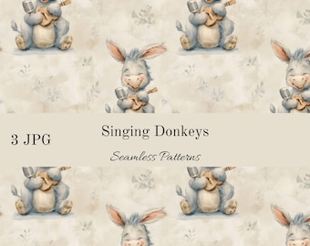 Motivo senza soluzione di continuità con asino eccentrico e microfono – Sfondo stampabile con asino che canta, decorazione murale per cameretta dei bambini, ripetizione di animali, licenza commerciale