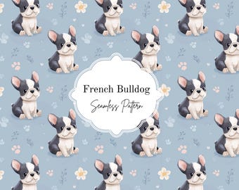 Motivo senza cuciture con cuccioli carini, carta digitale con bulldog francese, file senza cuciture per animali domestici, design per tessuti per camerette, uso commerciale