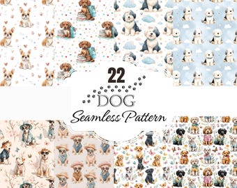 Pacchetto di motivi senza soluzione di continuità con cani carini, download digitale di cuccioli adorabili, design di tessuto senza soluzione di continuità per bambini e lavori creativi, sfondo ripetuto per amanti degli animali domestici