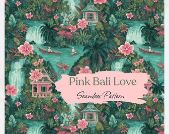 Motivo senza soluzione di continuità con amore a Bali, fiori tropicali in formato JPG digitale, carta da parati con acquerello della giungla, design senza soluzione di continuità a Bali, album di ritagli rosa, regalo da viaggio