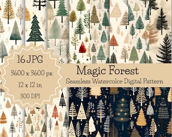 Carta digitale "Acquerello Foresta": Motivo boschivo senza soluzione di continuità (download digitale)