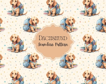 Motivo senza cuciture con cane da scuola, disegno di tessuto con bassotto, motivo senza cuciture per neonati, motivo senza cuciture per animali domestici, carta digitale ad acquerello, licenza commerciale
