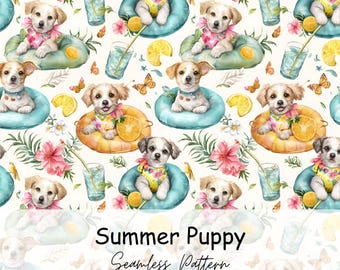 Motivo senza cuciture con cuccioli estivi, simpatici cani in abiti colorati, carta digitale, design in tessuto senza cuciture per bambini e lavori creativi