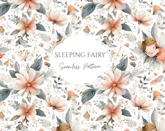 Motivo senza soluzione di continuità con fata dei boschi, carta digitale con fata magica addormentata, sfondo floreale con giardino arancione, fungo, scrapbooking, decorazione da parete per cameretta dei bambini