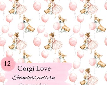 Modello senza cuciture Corgi, 12 Love Digital Paper, carta digitale di San Valentino per lavoretti, uso commerciale