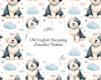 Motivo senza cuciture con cane carino, carta digitale con pastore inglese antico, sfondo ad acquerello con animali domestici, motivo divertente con animali per bambini, licenza commerciale