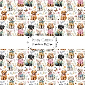 Puppy Garden Seamless Pattern,Playful Dogs in Colorful Attire and Flowers Digital Paper,Repeating Pattern Fabric,Sweet Pets Nursery Design