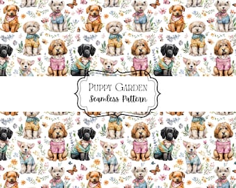 Motivo senza cuciture "Giardino dei cuccioli", cani giocosi in abiti colorati e fiori, carta digitale, tessuto con motivo ripetuto, dolce design per la cameretta degli animali domestici