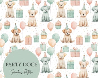 Motivo senza cuciture per feste di compleanno con cani, carta digitale con animali per feste, design in tessuto carino per bambini e lavori creativi, download digitale
