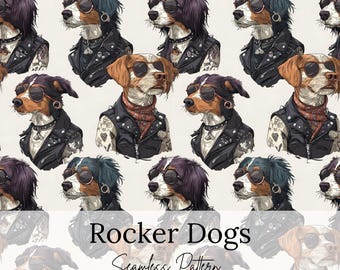 Motivo senza cuciture con cane rock star, carta digitale con cane rock punk, cani tatuati con giacche di pelle, tessuto con motivo ripetuto, design di animali domestici alla moda