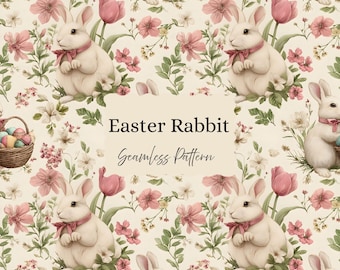 Motivo senza cuciture con coniglietto pasquale Coquette, carta digitale floreale primaverile, motivo coniglio, coniglietto, uova, primavera, download digitale