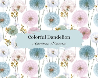 Motivo senza cuciture con tarassaco colorato, fiori ad acquerello e stampa botanica, carta digitale, arte ad acquerello, download digitale, set regalo