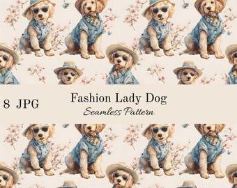 Modello senza cuciture di cagnolina, carta digitale per cuccioli alla moda, illustrazioni di animali domestici e abiti, carta per scrapbooking