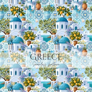 May include: A seamless pattern featuring white Greek-style buildings with blue domes, lemon trees in terracotta pots, and blue and white decorative tiles. The text GREECE Seamless pattern is centered over the repeating illustration.