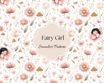 Motivo senza cuciture con fatina carina, carta digitale con fata floreale, fiori rosa, farfalla, fungo, design per tessuti per cameretta, carta fantasy