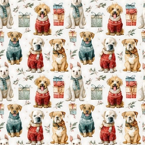 May include: A repeating pattern of watercolor dogs wearing sweaters and scarves, with wrapped gift boxes and sprigs of greenery. The dogs are various breeds and colors, with some wearing red sweaters and others in blue or green.