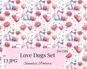 Modello senza cuciture per regalo per amanti degli animali, carta digitale con motivo di cuccioli, acquerello di cani di San Valentino, arte per animali domestici, San Valentino digitale