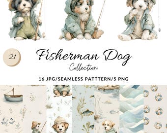 Collezione di cani pescatori ad acquerello, decorazioni nautiche per la cameretta, motivo senza cuciture con cuccioli pescatori, decorazioni per baby shower a tema costiero, download digitale.