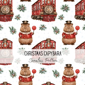 May include: A seamless pattern featuring brown capybaras wearing red jackets and conductor hats, holding red lollipops, interspersed with red steam trains and pine sprigs on a white background. The text reads CHRISTMAS CAPYBARA Seamless Pattern.