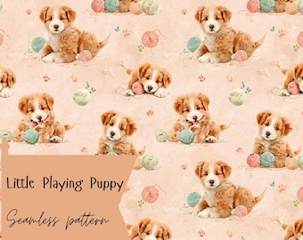 Motivo senza cuciture con cucciolo che gioca, carta digitale con simpatico cane Toller, divertimento con gomitolo di lana, design di tessuto senza cuciture per bambini e artigianato, uso commerciale