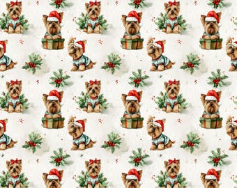 Motivo per cani Yorkshire Terrier, acquerello, sfondi natalizi senza soluzione di continuità per animali domestici - 12 JPG