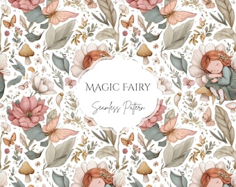 Modello senza cuciture di fata magica, carta digitale per piccole fate, fata dei boschi, sfondo di funghi e fiori, ali di fata, arte per la cameretta dei bambini