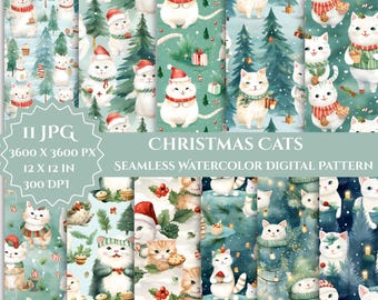 Motivo senza soluzione di continuità con gatti acquerellati: carta digitale natalizia (3600x3600 px JPG) (download digitale)
