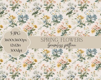 Motivo floreale primaverile senza soluzione di continuità, carta digitale Hello Spring, carta digitale con fiori selvatici acquerellati, sfondo floreale vintage, carta per scrapbooking