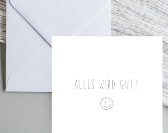 Tarjeta de felicitación "Todo estará bien", tarjeta de ánimo con carita sonriente, tarjeta de pronta recuperación - DESCARGA INSTANTÁNEA