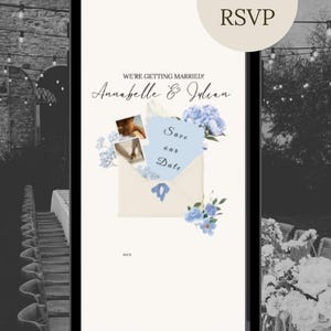 Könnte beinhalten: Ein Smartphone-Bildschirm zeigt eine digitale Hochzeits-Save-the-Date-Einladung mit dem Text We're Getting Married, Annabelle & Julian und Save our Date. Das Design enthält blaue Blumenillustrationen, zwei kleine Fotos und einen Umschlag.