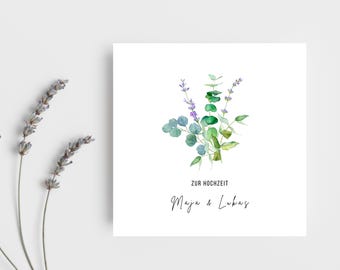 Tarjeta de boda | Tarjeta floral con eucalipto y lavanda | Tarjeta de felicitación personalizada