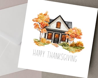 Carte de Thanksgiving avec une maison – Carte de vœux d’automne « Joyeux Thanksgiving », illustration à l’aquarelle, carte de Thanksgiving avec des arbres